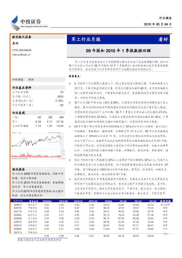 军工行业月报：09年报和2010年1季报数据回顾