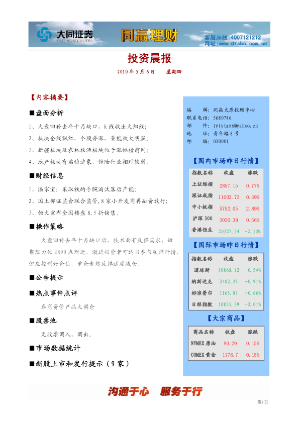 大同证券太原同赢投资晨报