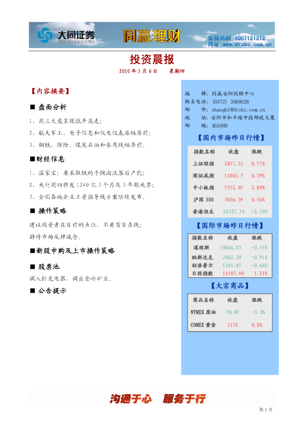 大同证券安阳同赢投资晨报