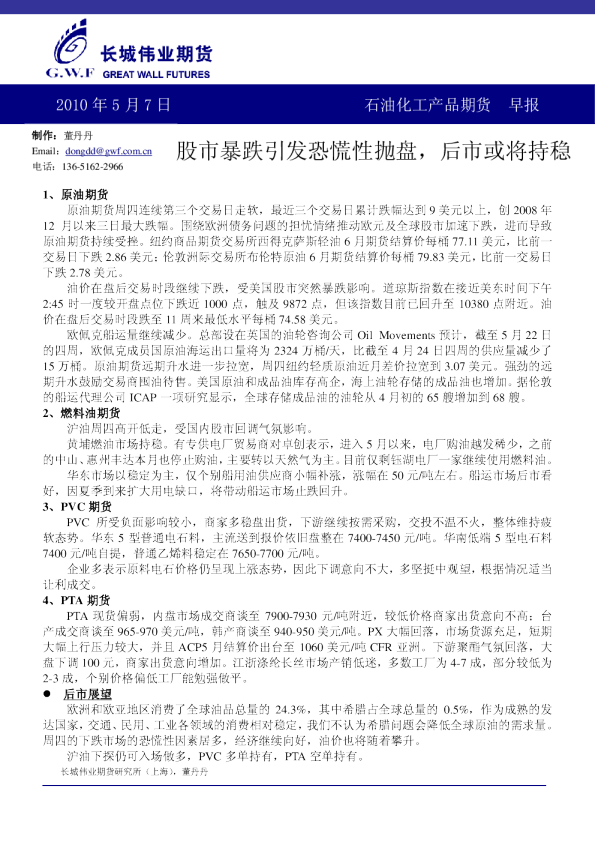 长城伟业期货石油化工产品期货早报