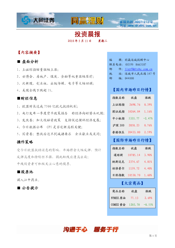 大同证券同赢运城投资晨报