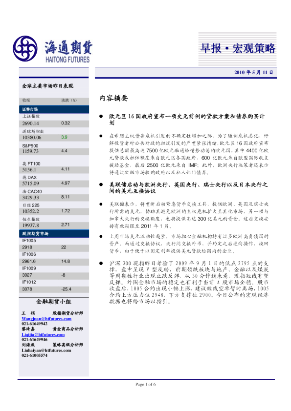 股指期货早报：欧盟巨额援助计划超预期