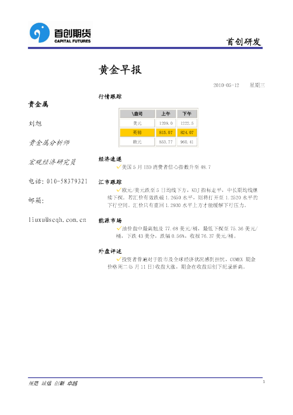 首创期货黄金早报