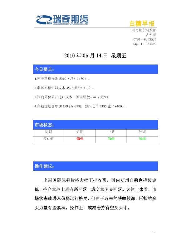 瑞奇期货白糖早报