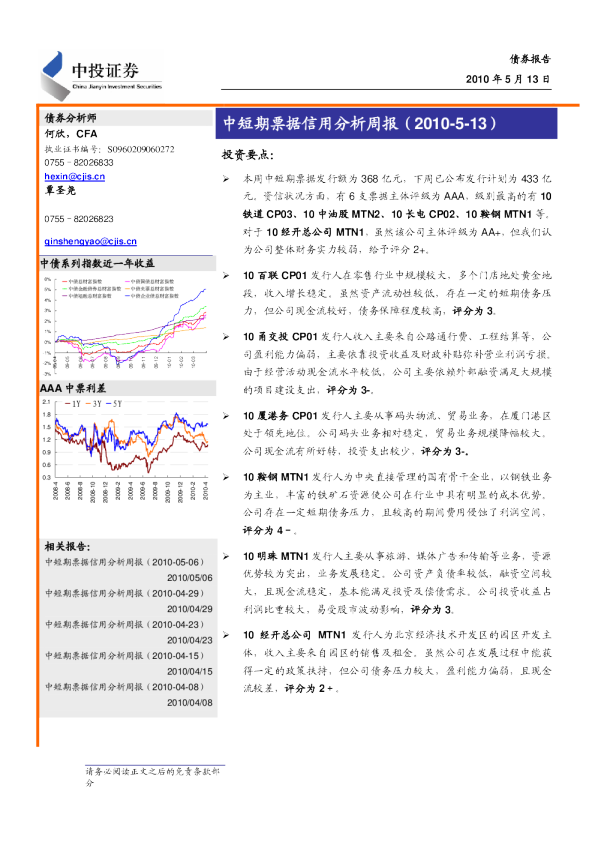 中短期票据信用分析周报