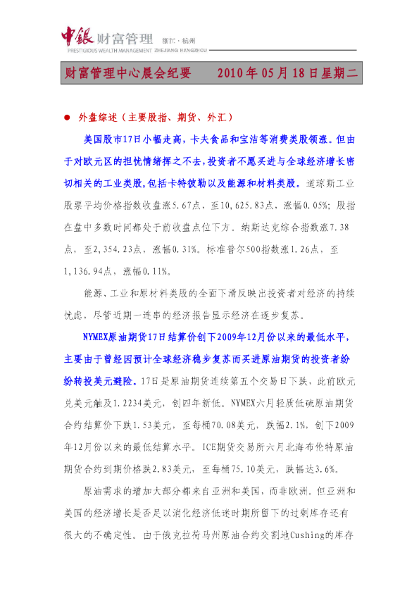 中国银行财富晨会纪要