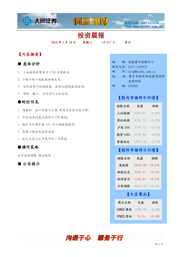 大同证券同赢晋中投资晨报