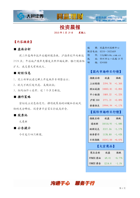 大同证券同赢忻州投资晨报