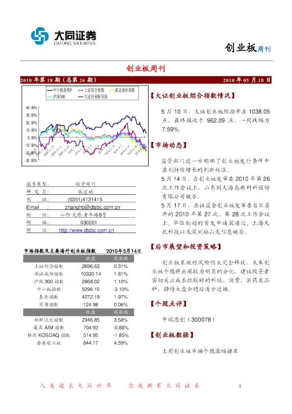 大同证券创业板投资周刊第26期