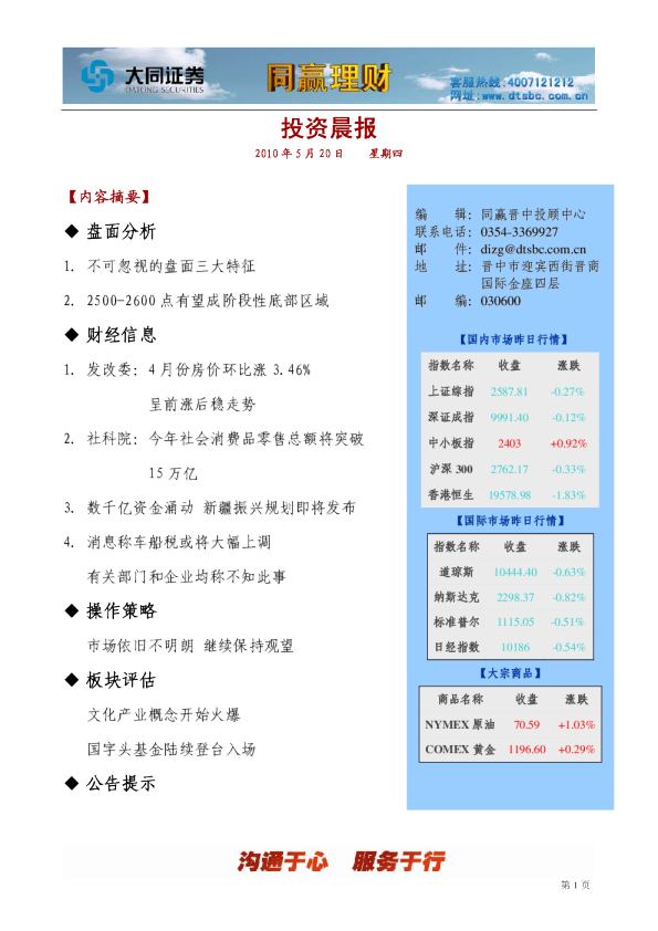 大同证券同赢晋中投资晨报