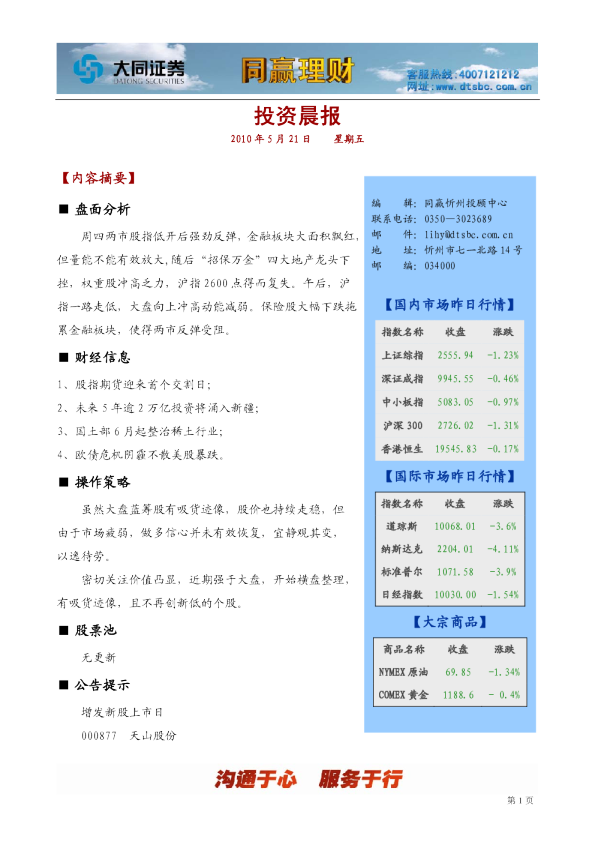 大同证券同赢忻州投资晨报