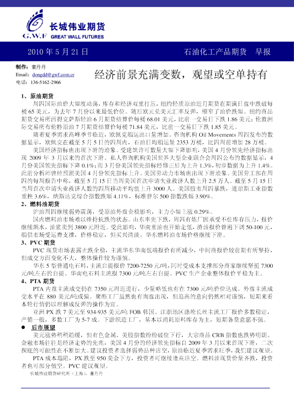 长城伟业期货石油化工产品期货早报