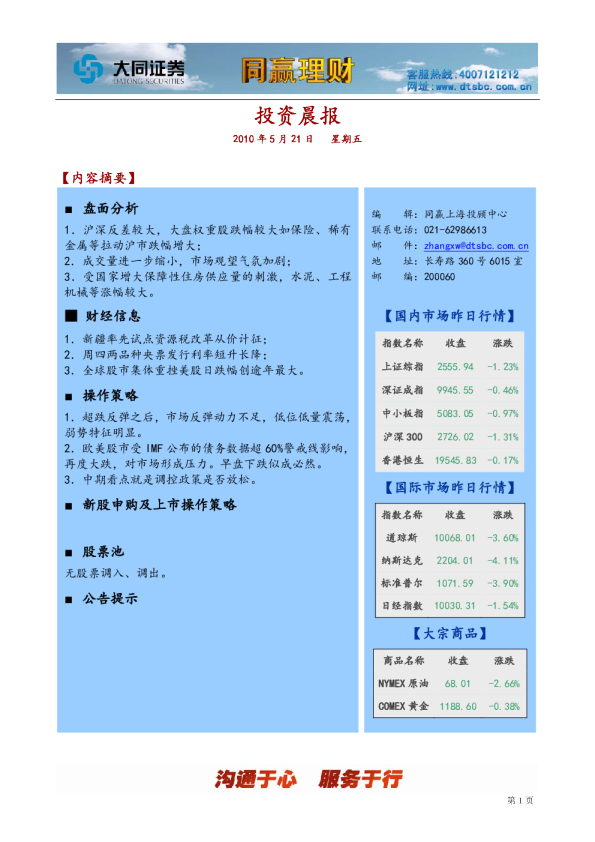 大同证券上海营业部同赢晨报