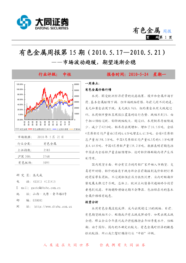 有色金属周报第15期：市场波动趋缓,期望逐渐企稳