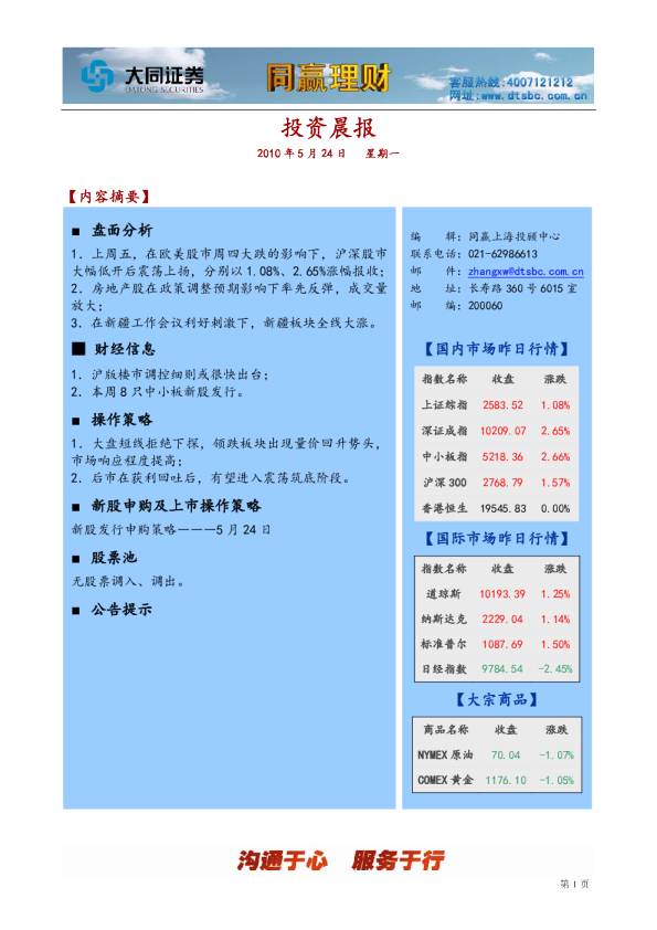 大同证券同赢投资晨报