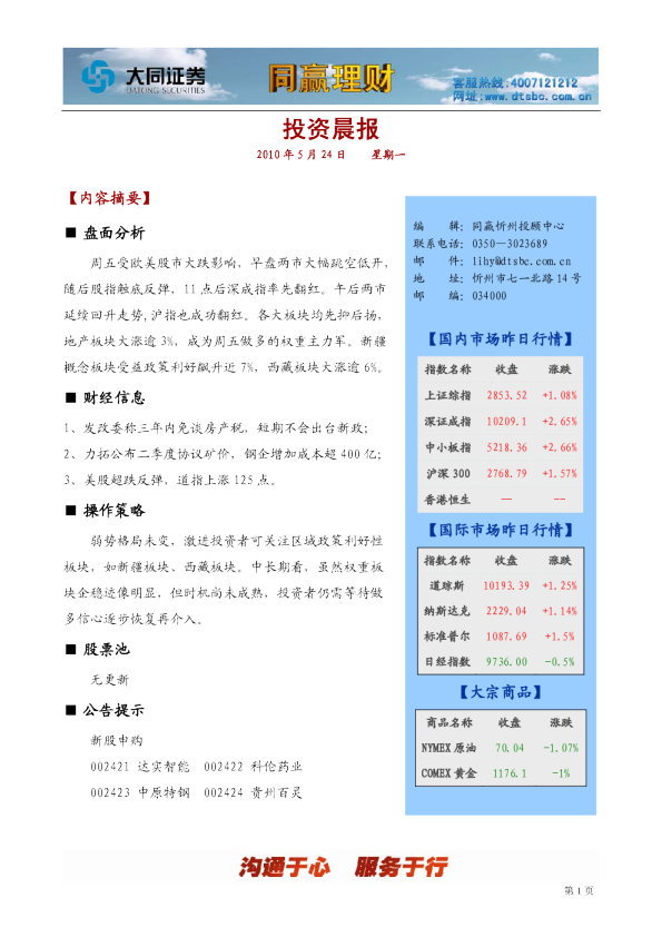 大同证券同赢系列产品之忻州投资晨报