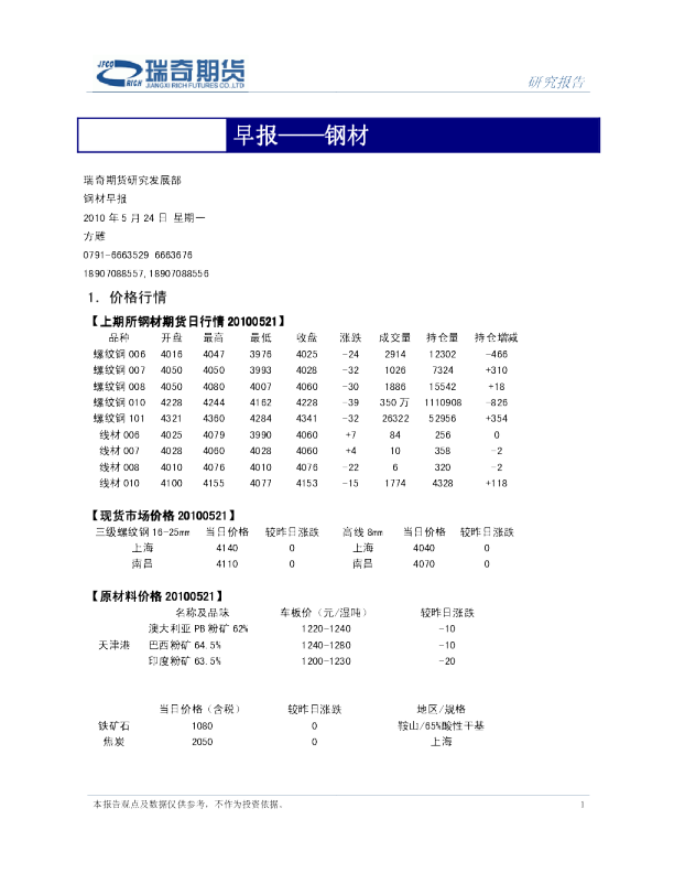 瑞奇期货钢材早报