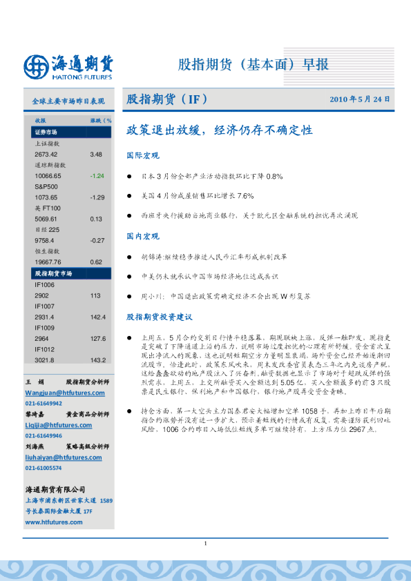 股指期货(基本面)早报：政策退出放缓,经济仍存不确定性