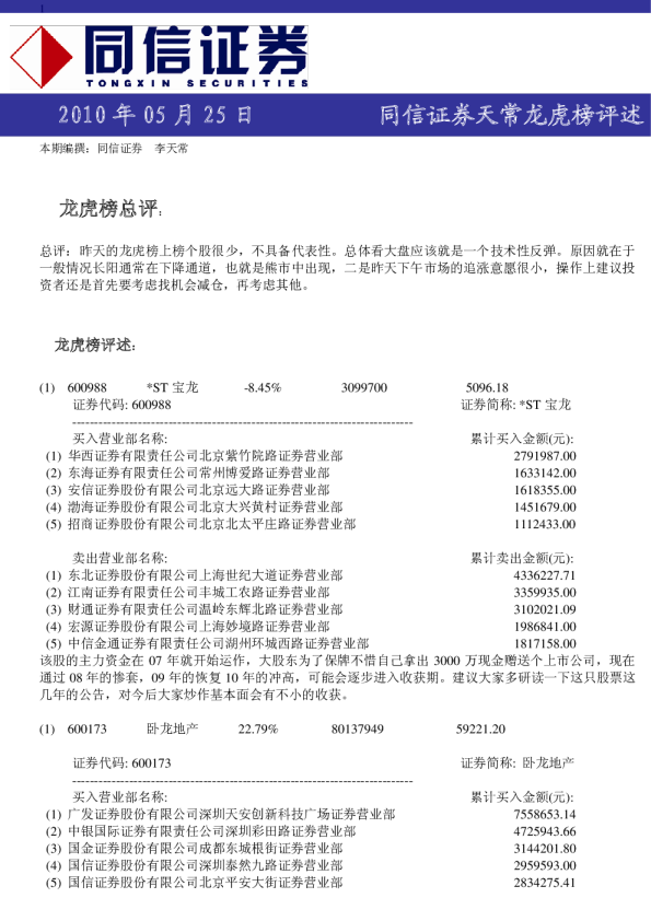 同信证券天常龙虎榜评述