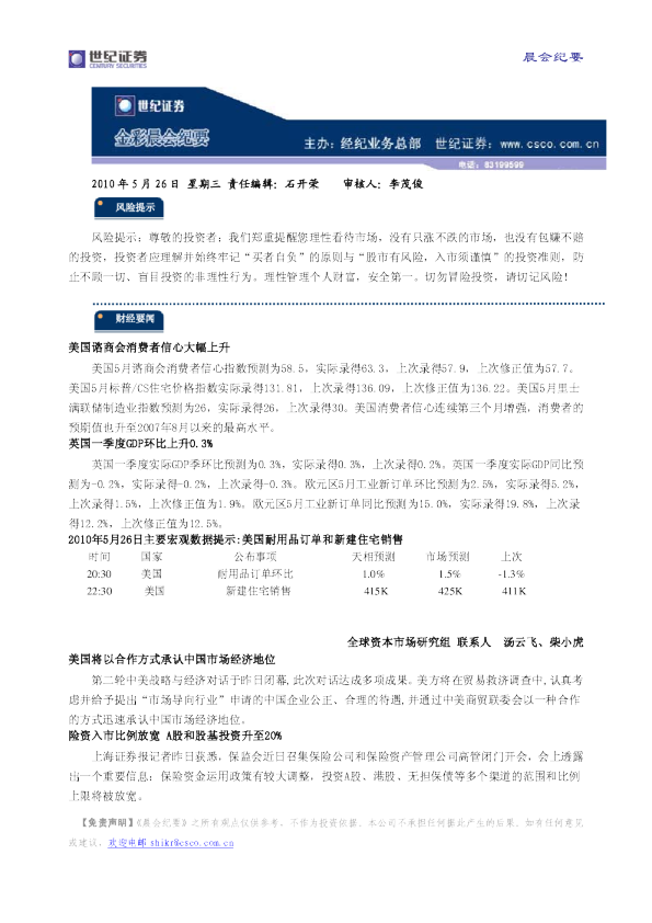 世纪证券金彩晨会纪要