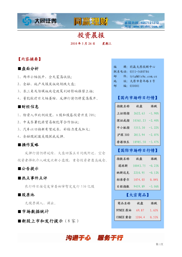 大同证券同赢系列产品之投资晨报
