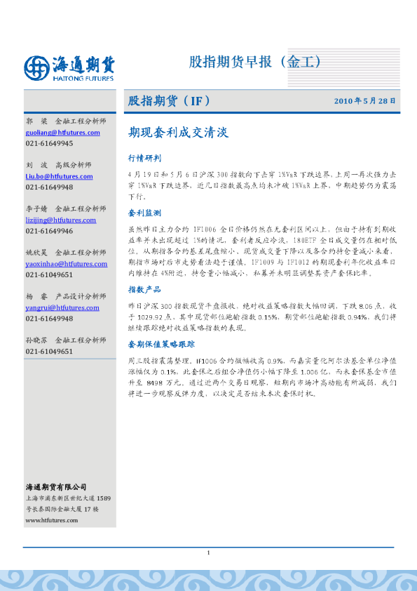 股指期货(IF)：期现套利成交清淡