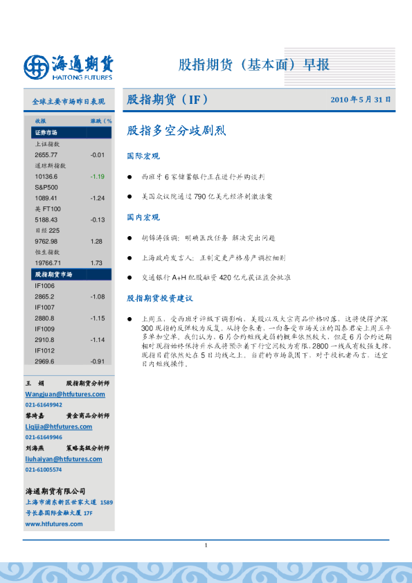 股指期货(基本面)早报：股指多空分歧剧烈