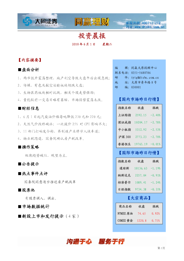 大同证券同赢系列产品之投资晨报(太原)
