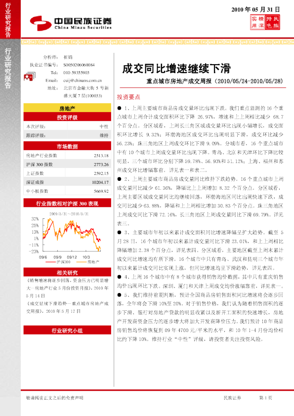 重点城市房地产成交周报：成交同比增速继续下滑