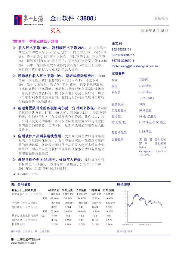 2010年一季度业绩低于预期