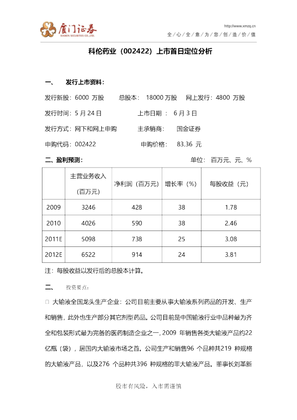 科伦药业上市首日定位分析