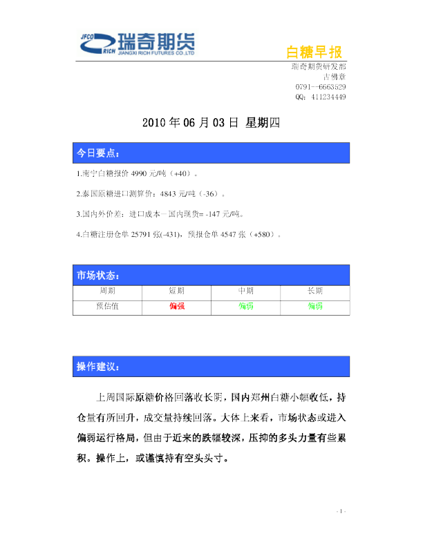 瑞奇期货白糖早报