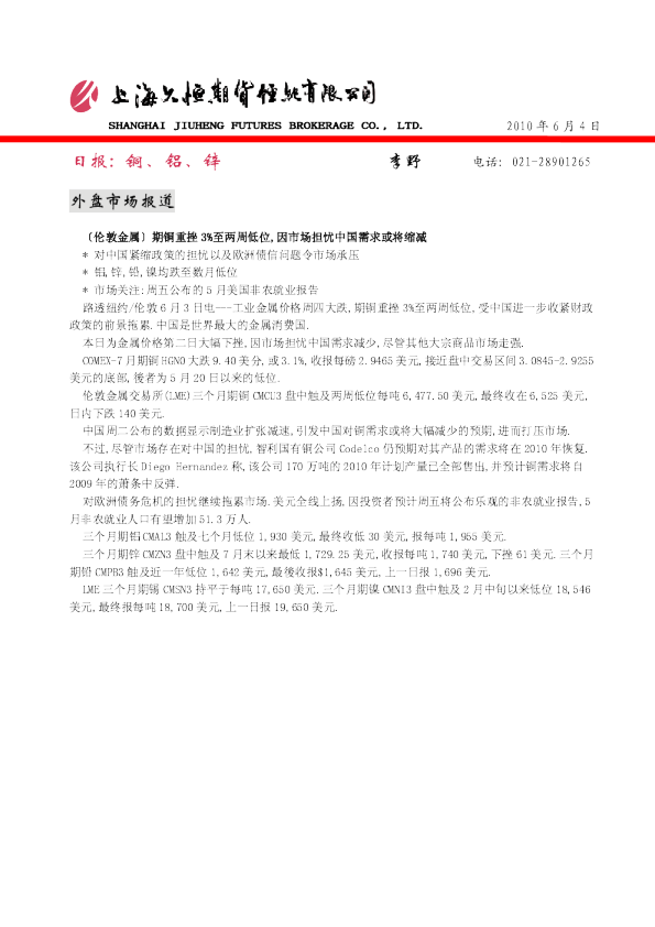 久恒期货金属日报