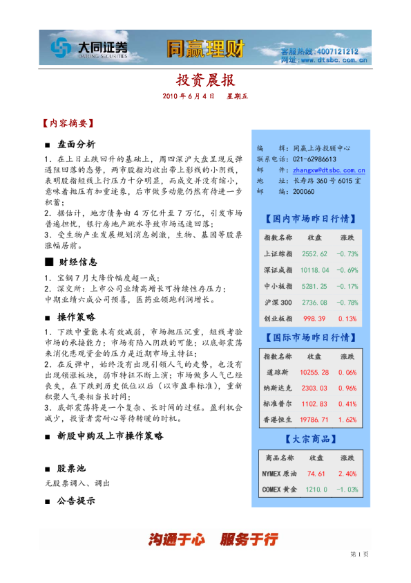 大同证券同赢上海投顾晨报