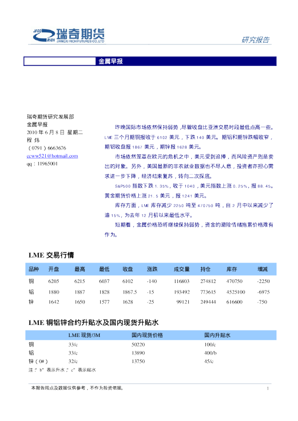 瑞奇期货金属早报