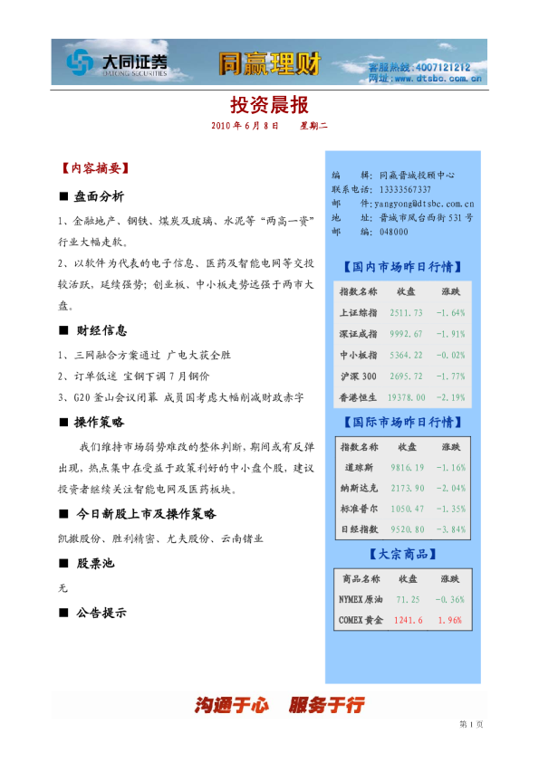 大同证券同赢晨报(晋城投顾中心)