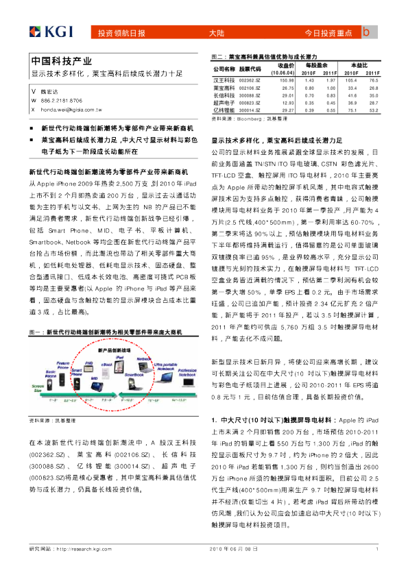 中国科技产业：显示技术多样化,莱宝高科后续成长潜力十足