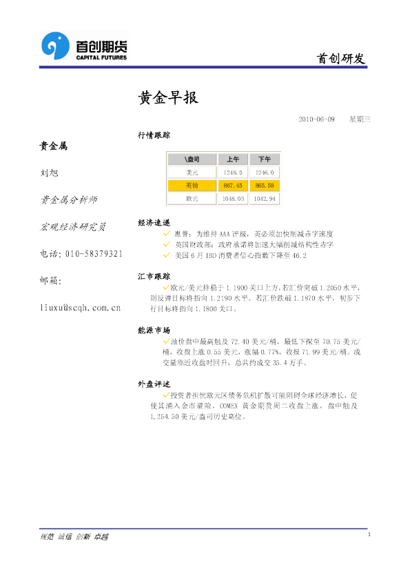 首创期货黄金早报