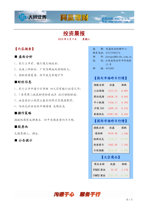 同赢临汾投资晨报