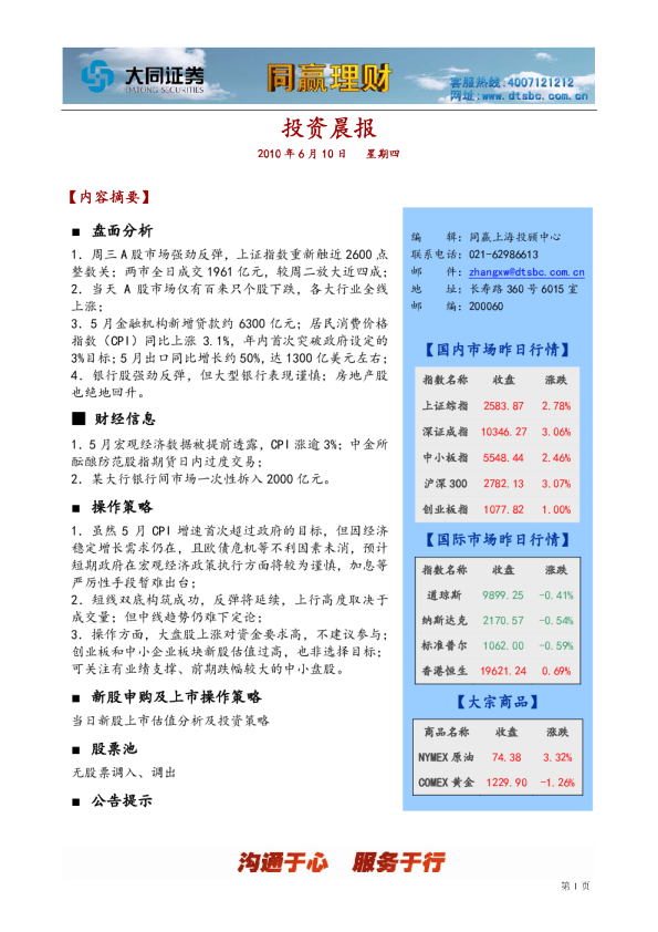 大同证券同赢上海投资晨报