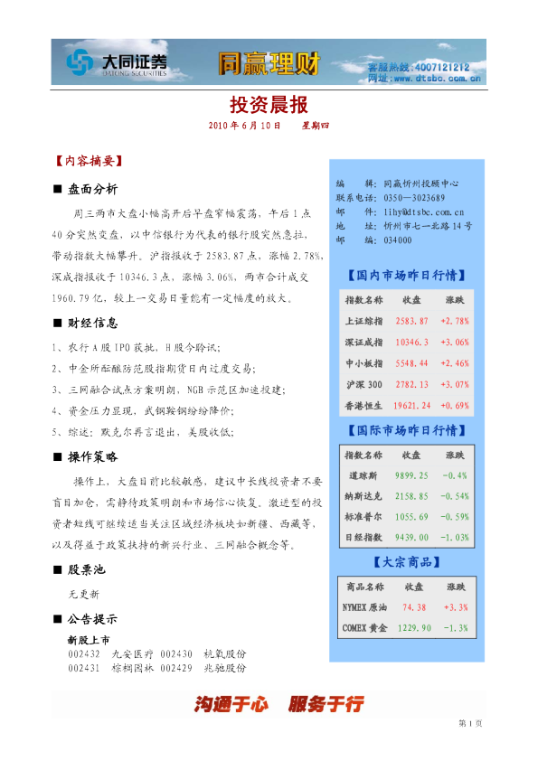同赢忻州投资晨报