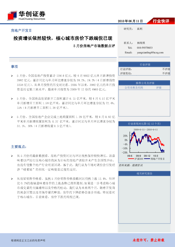 5月份房地产市场数据点评：投资增长依然较快,核心城市房价下跌端倪已现