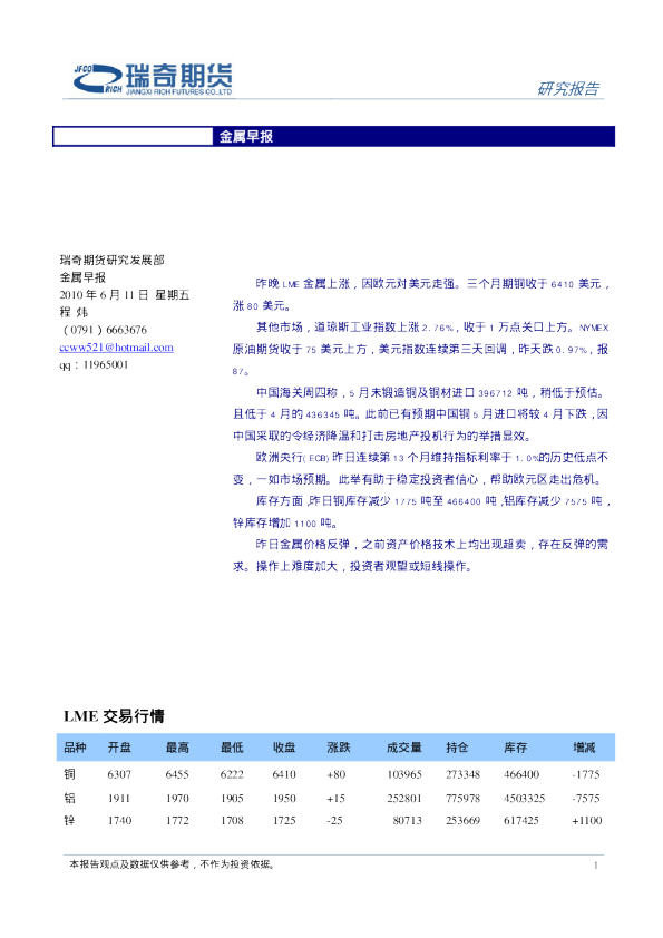 瑞奇期货金属早报