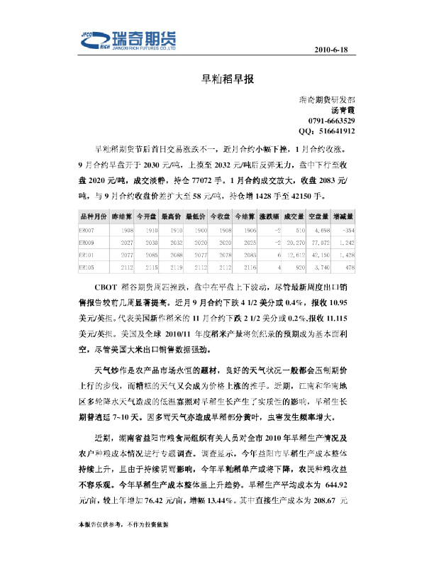 瑞奇期货早籼稻早报