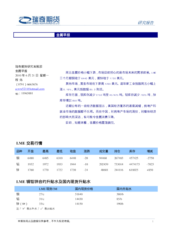 瑞奇期货金属早报