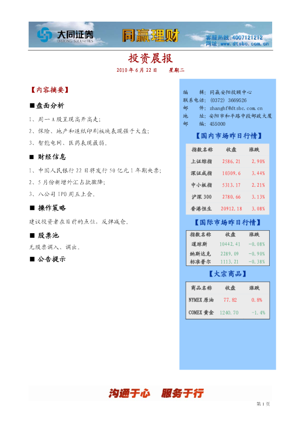 大同证券安阳同赢投资晨报