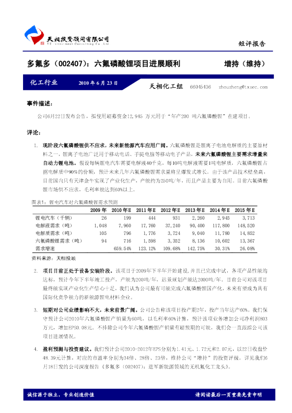 六氟磷酸锂项目进展顺利