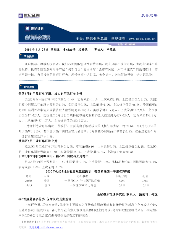 世纪证券金彩晨会纪要