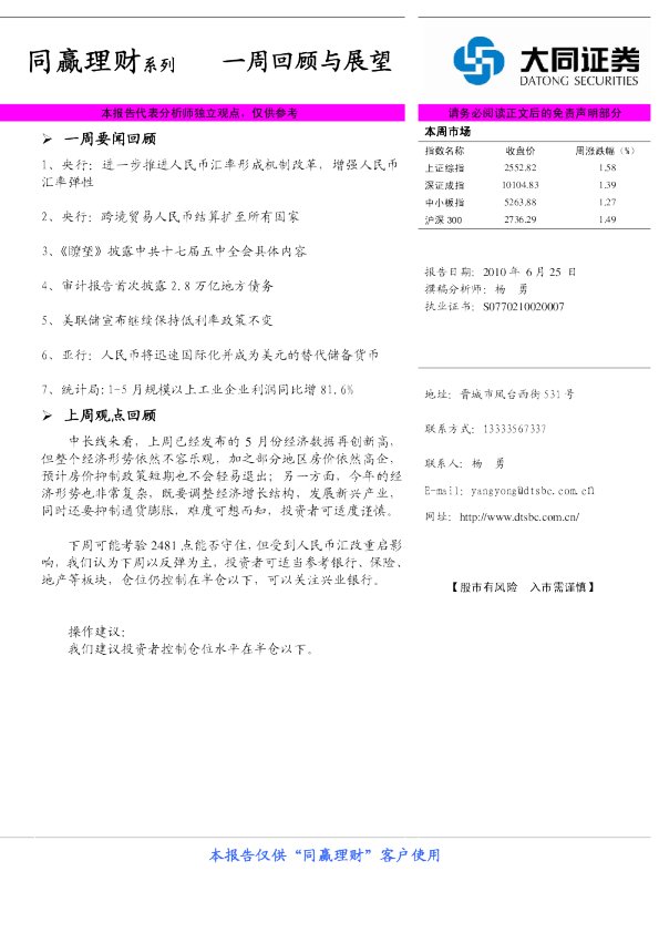 同赢理财系列之一周回顾与展望