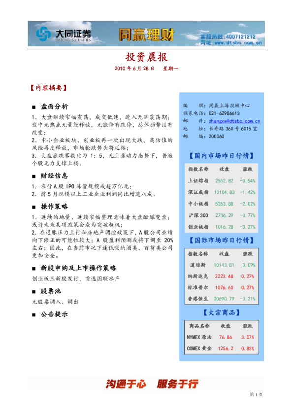 大同证券同赢上海投资晨报